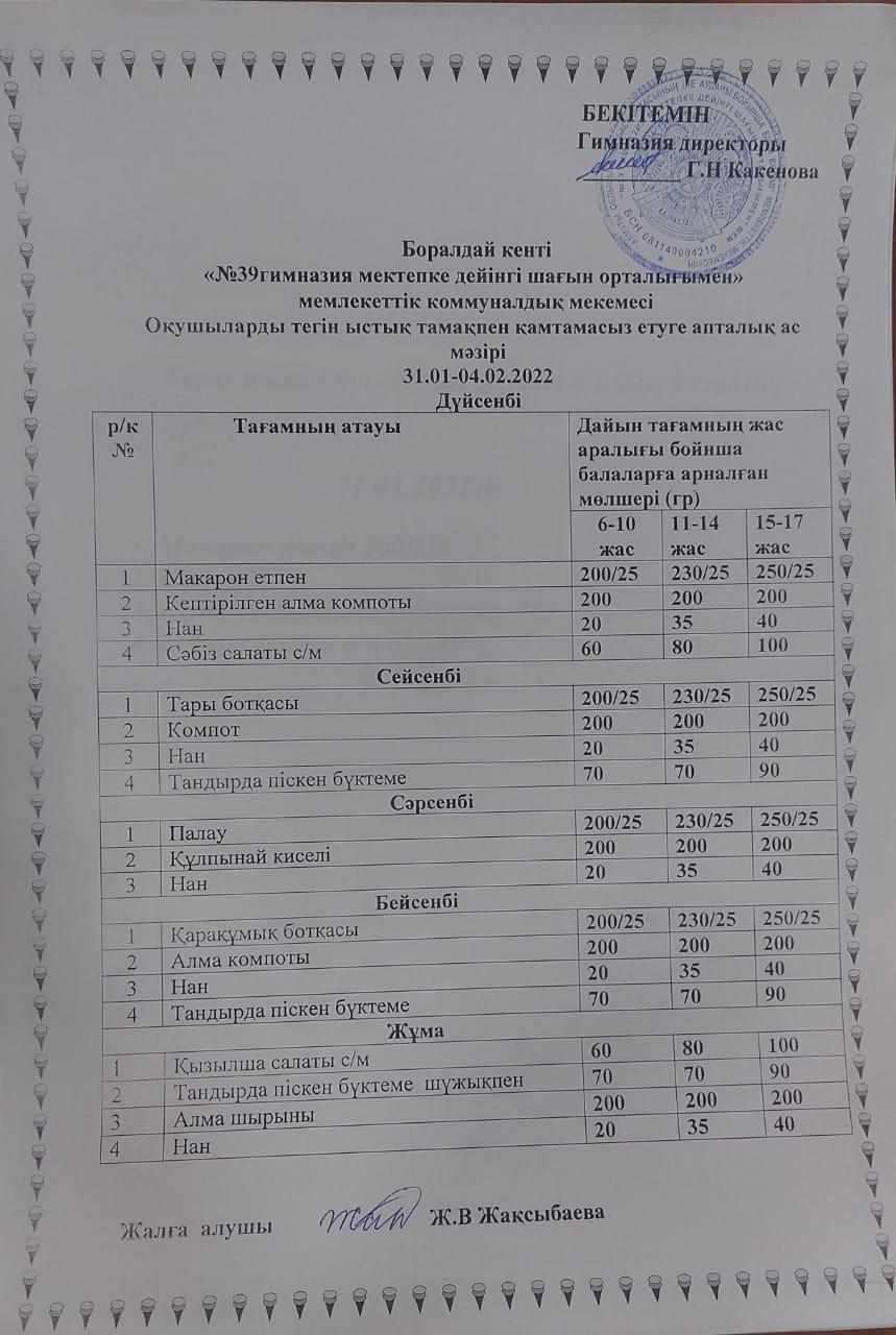 31 - қаңтар, 4-ақпан аралығындағы ас  мәзірі