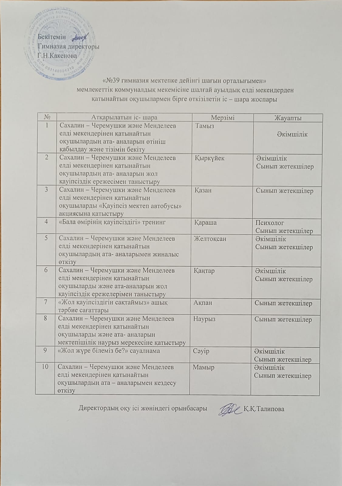 Тасымал. Іс-шара жоспары