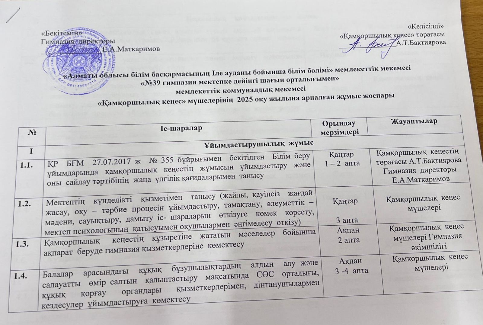 Қамқоршылық кеңес жоспары. Отырыс жоспары